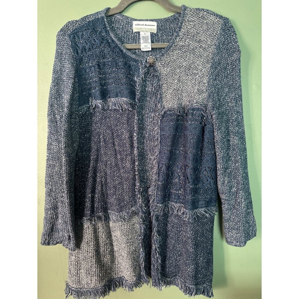 Alfred Dunner LP Open Cardigan Patchwork Lace Fringe Trim Bohemian Western Artsy